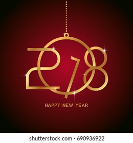 Happy new year 2018 text design. Golden text in form christmas ball shape on red background. Vector illustration.