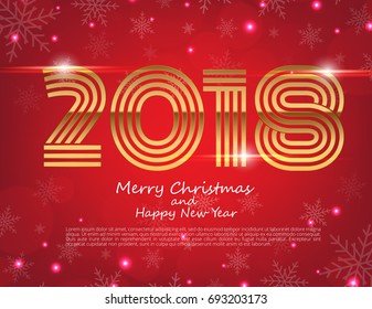 Happy New Year 2018 text design. Vector greeting illustration with golden numbers and snowflake background
