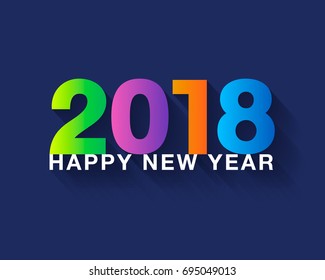 Happy new year 2018 text design. Colorful modern text with long shadow on dark blue background. Vector illustration.