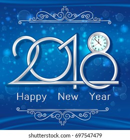 Happy New Year 2018 text design. Blue greeting card vector illustration with metal silver numbers and clock
