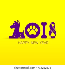Happy new year 2018. Text design calendar. Dog symbols. Vector illustration. Isolated on yellow background