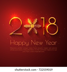 Happy New Year 2018 text design. Vector greeting illustration with golden numbers and snowflake