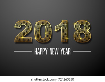 Happy New Year 2018 text design. golden and white text on black background. Vector illustration.