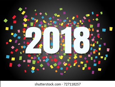 Happy new year 2018 text shape design with colorful confetti on gradient black background, Vector illustration