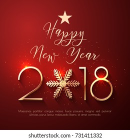 Happy New Year 2018 text design. Vector greeting illustration with golden numbers and snowflake