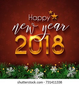 Happy New Year 2018 text design. Vector greeting illustration with golden numbers, snowflake and fir branches