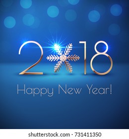 Happy New Year 2018 text design. Vector greeting illustration with golden numbers and snowflake