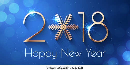 Happy New Year 2018 text design. Vector greeting illustration with golden numbers and snowflake