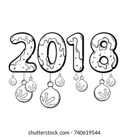 Happy new year 2018 Text Design with a Christmas toy, vector illustration isolated on white background