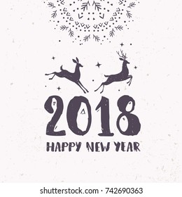 Happy New Year 2018 text and deer. Vector greeting illustration with silhouette numbers and amazing deers in jumping