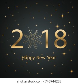 Happy New Year 2018 text design. Vector greeting illustration with golden numbers and stars