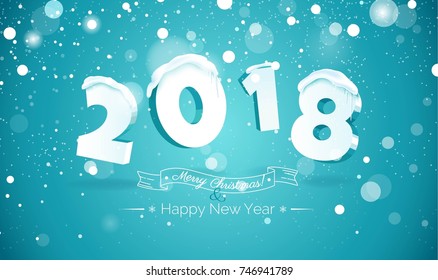 Happy new year 2018 Text Design.2018 snow number illustration. Happy holidays banner with snowflakes and icicles isolated on blue sparkling background. Greeting card. Vector illustration.