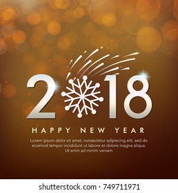 Happy New Year 2018 text design. Vector greeting illustration with firework and snowflake