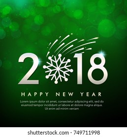 Happy New Year 2018 text design. Vector greeting illustration with firework and snowflake