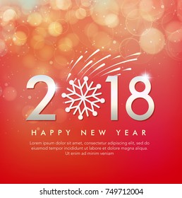Happy New Year 2018 text design. Vector greeting illustration with firework and snowflake
