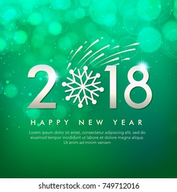 Happy New Year 2018 text design. Vector greeting illustration with firework and snowflake