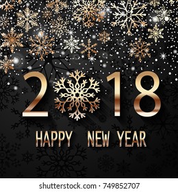 Happy New Year 2018 text design. Vector greeting illustration with golden numbers and snowflake