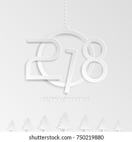 Happy new year 2018 text design with fir tree on white background. Minimal greeting card or invitation paper art style. Vector illustration.