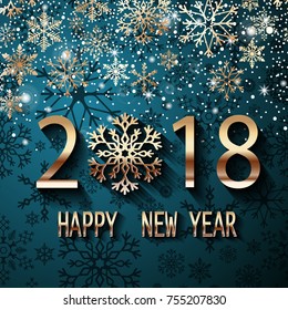 Happy New Year 2018 text design. Vector greeting illustration with golden numbers and snowflake