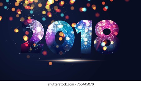 Happy new year 2018 text design. Greeting card design with numbers, lights and fireworks. Vector illustration