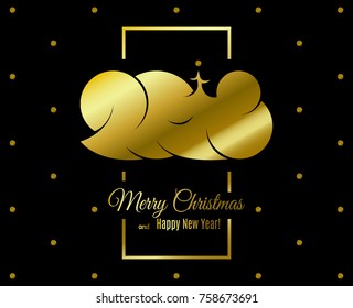 Happy new year 2018 text design in gold frame isolated on black dotted background. Vector logo illustration for your holiday template
