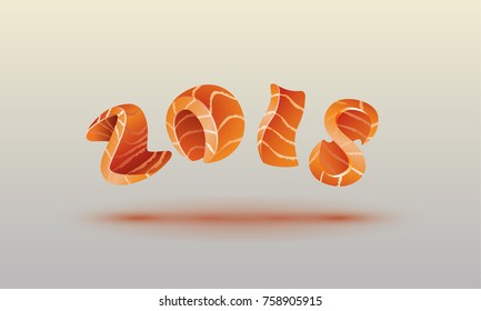 Happy New Year 2018 text design. Salmon style numbers for sushi calendar background.