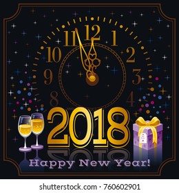 Happy new year 2018 text logo icon. Vector poster with clock, wine champagne glass, gift box. Abstract holiday design template. Vintage symbols, text lettering banner. Black night sky background