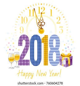 Happy new year 2018 text logo icon. Vector poster with clock, wine champagne glass, gift box. Abstract holiday design template. Vintage symbols, text lettering banner. Isolated on white background