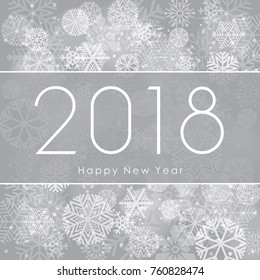 Happy New Year 2018 text design. greeting illustration with white numbers and snowflakes on gray background. Vector EPS 10