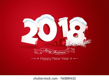 Happy new year 2018 Text Design.   Happy holidays banner with 2018 3d numbers, berries and branches isolated on red background. Greeting card. Vector illustration.