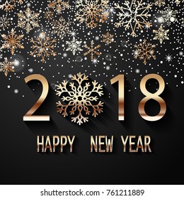 Happy New Year 2018 text design. Vector greeting illustration with golden numbers and snowflake