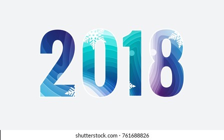 Happy new year 2018 Text Design. 2018 number illustration with snowflakes in paper art carving style design. Greeting card. Vector illustration.