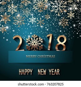 Happy New Year 2018 text design. Vector greeting illustration with golden numbers and snowflake.