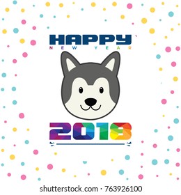 Happy New Year 2018 Text with dog, with colorful dot background.design template for holiday greeting card, invitation, calendar poster, banner