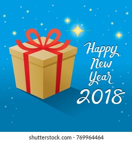 Happy New Year 2018 Text And Gold Gift Box With Red Ribbon, Merry Christmas, Xmas, Objects, Animals, Festive, Celebrations