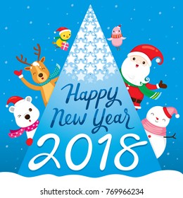 Happy New Year 2018 Text, Santa Claus, Reindeer, Snowman And Friend On Tree, Xmas, Objects, Animals, Festive, Celebrations