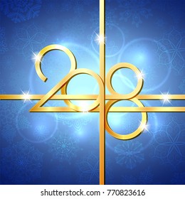 Happy New Year 2018 text design. Vector greeting illustration with golden numbers and snowflake