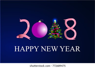 Happy New Year 2018 text design.Blue Greeting card with a New Year 2018. Beautiful numbers with tree