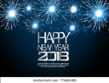 Happy new year  2018  text - Fireworks blue - background Vector illustration.