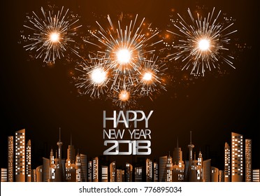 Happy new year  2018  text- Fireworks Golden - Building in the city- background Vector illustration.