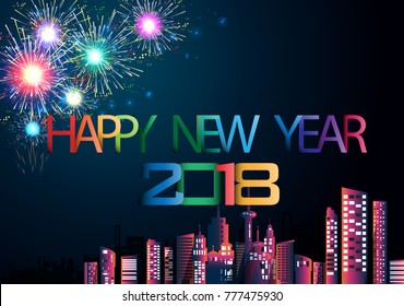 Happy new year  2018  text - Fireworks Colorful  - Building in the city- background Vector illustration.