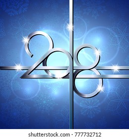 Happy New Year 2018 text design. Vector greeting illustration with silver numbers and snowflake