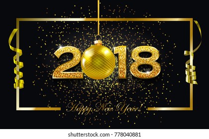 Happy New year 2018 text design on dark background with sparkles. Vector greeting illustration with Golden numbers and a Christmas ball.