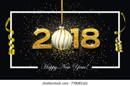 Happy New year 2018 text design on dark background with sparkles. Vector greeting illustration with Golden numbers and a Christmas ball.