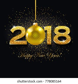 Happy New year 2018 text design on dark background with sparkles. Vector greeting illustration with Golden numbers and a Christmas ball.