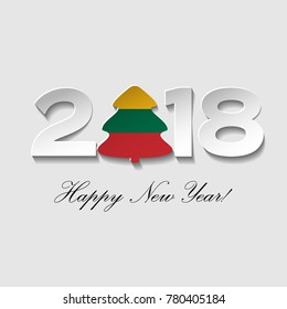 Happy New year 2018 text design on a light background. Vector greeting illustration with cut paper and a Christmas tree with country flag.