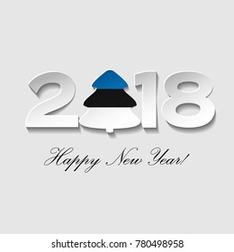 Happy New year 2018 text design on a light background. Vector greeting illustration with cut paper and a Christmas tree with country Estonia flag.