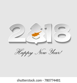 Happy New year 2018 text design on a light background. Vector greeting illustration with cut paper and a Christmas tree with Cyprus country flag.