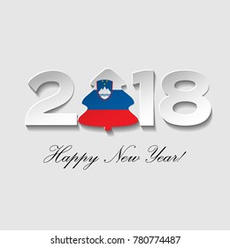 Happy New year 2018 text design on a light background. Vector greeting illustration with cut paper and a Christmas tree with Slovenia country flag.