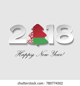Happy New year 2018 text design on a light background. Vector greeting illustration with cut paper and a Christmas tree with  country flag.